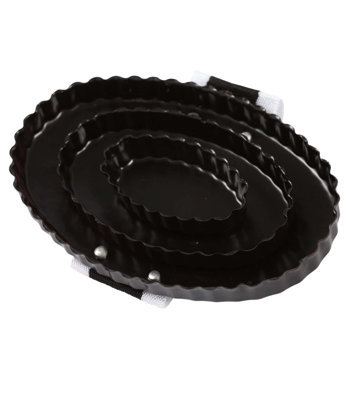A metal curry comb with a black handle and white textile hand loop.