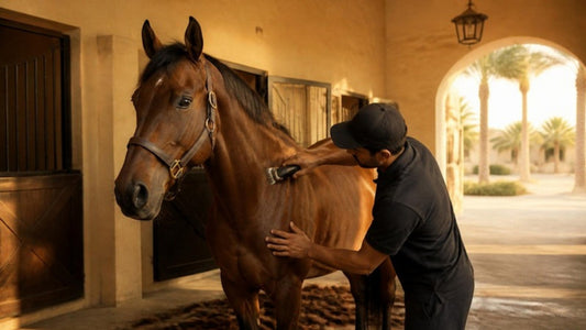 Groom clipping a bay horse in a stable courtyard in Doha, Qatar