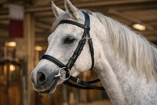 Arabian horse wearing a correctly fitted snaffle bit in Qatar — bit selection guide