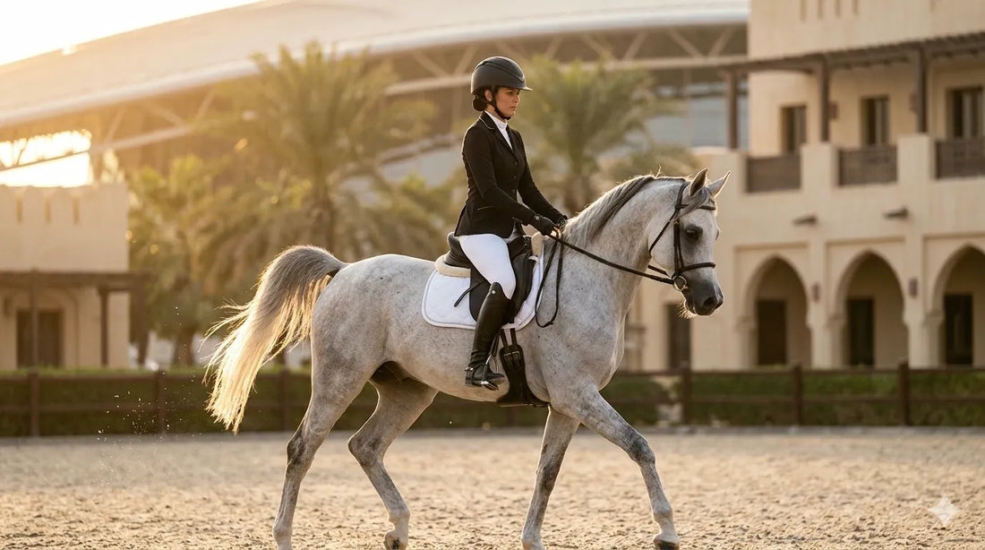 Charles Owen helmet worn by an elegant rider on a  grey Arabian horse at a Qatar equestrian arena  | Nice Equestrian