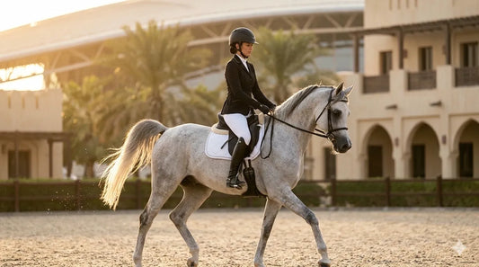 Charles Owen helmet worn by an elegant rider on a  grey Arabian horse at a Qatar equestrian arena  | Nice Equestrian