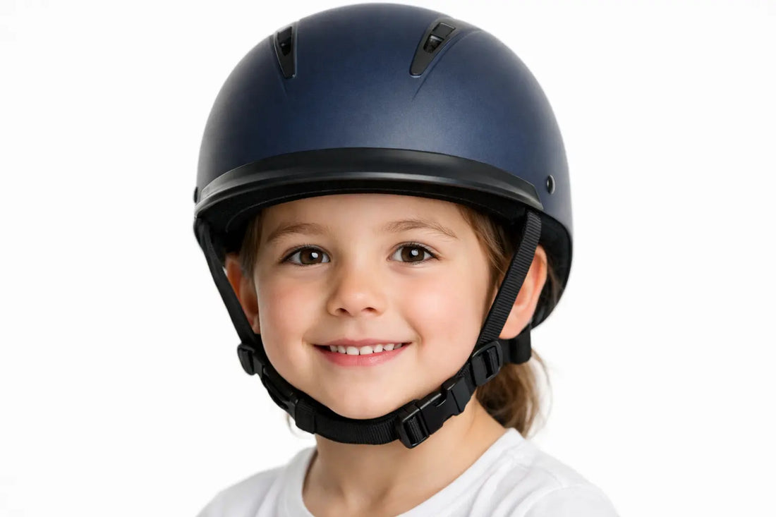 Child wearing a correctly fitted riding helmet in Qatar — safety guide for parents