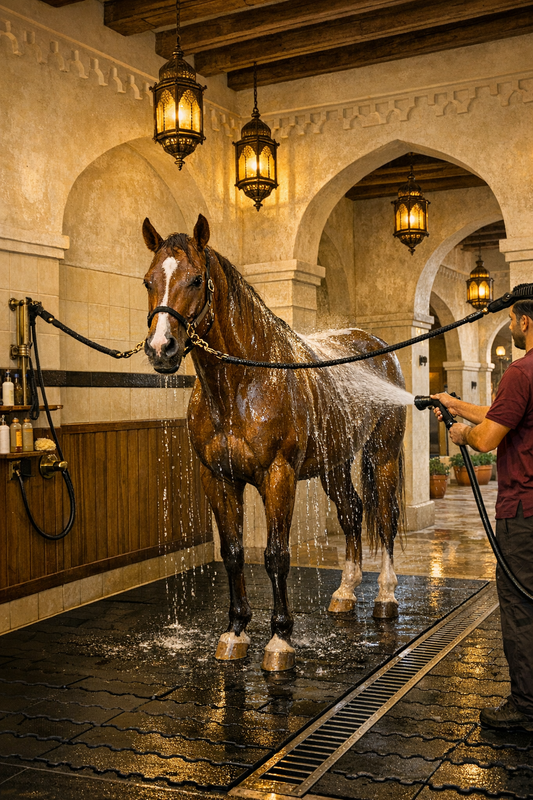 Professional horse wash bay design with rubber mats and drainage — Qatar stable guide | Nice Equestrian