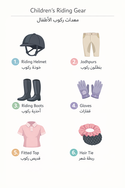 Child's first riding lesson kit in Qatar — helmet, boots, jodhpurs and gloves checklist for parents