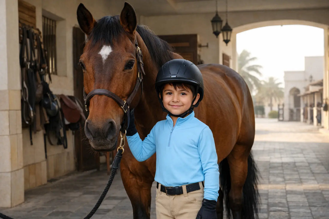 Child wearing riding tights and UPF riding top at a horse stable in Qatar — clothing guide for parents