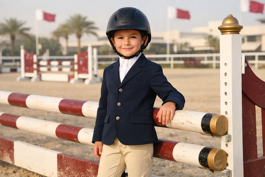 Child in first show jumping competition outfit in Qatar — complete gear guide for parents