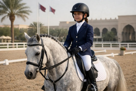 Child in first dressage competition outfit in Qatar — dress code guide for parents