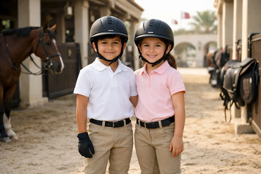 Boy and girl in riding gear at a Qatar stable — practical gear guide for parents