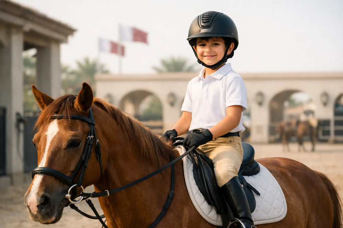 Confident child riding correctly at a Qatar stable — how gear supports riding posture and confidence