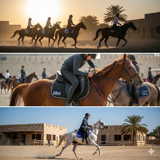 Saddle fitting guide Qatar — riders on Arabian horses  with Zilco and QHP saddle pads in a Qatar equestrian  stable at sunset | Nice Equestrian