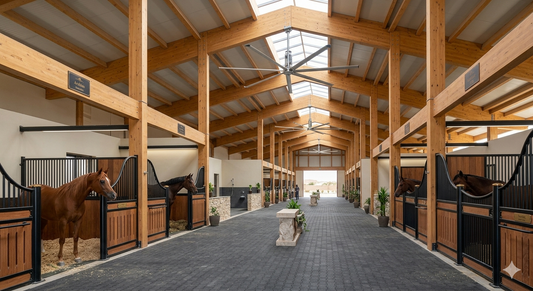 Modern equestrian stable in Doha, Qatar featuring high-volume fans and climate control systems for horse heat management