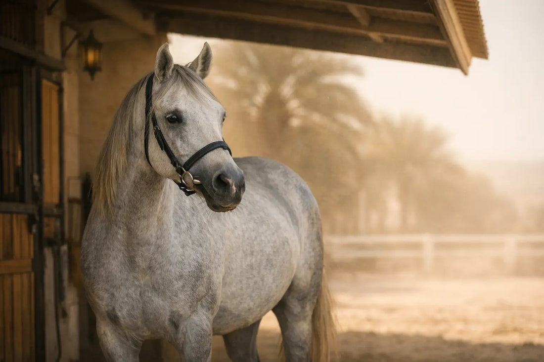 Arabian horse resting in stable shade during Qatar summer heat — summer care guide for horse owners
