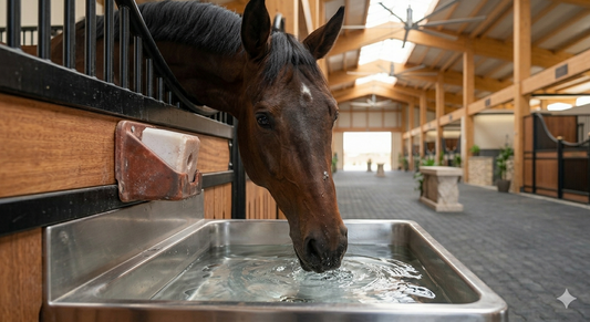 Close-up of a horse drinking clean water in a Qatari stable, emphasizing hydration and electrolyte supplementation
