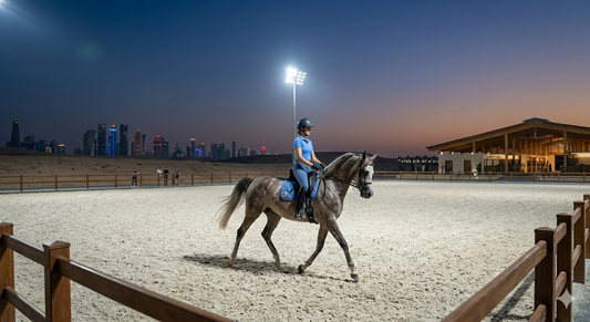 Evening riding session in Qatar under arena lights to avoid summer heat stress for horse and rider.
