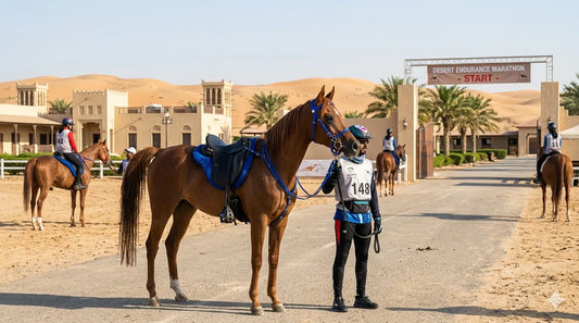 Desert Endurance Marathon start line with Arabian horses  in endurance tack — Zilco equipment guide | Nice Equestrian Qatar