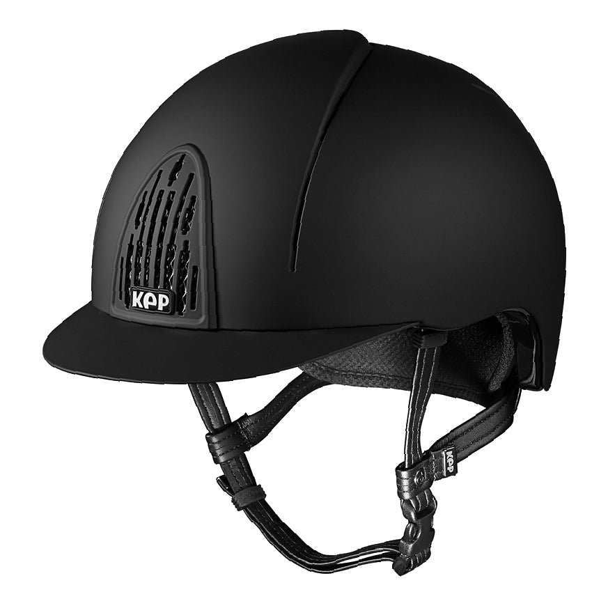 A black riding helmet with a KEP logo, featuring a strap and ventilation holes.
A KEP Italian black equestrian helmet with a visor. KEP Italy helmets available with Nice Equestrian Wukair Doha Qatar. One of the top ranked helmets in the world