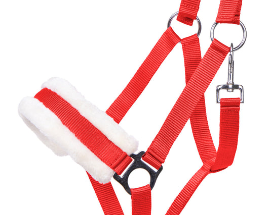 Red nylon pet harness with white faux-fur trim and silver metal hardware, shown on a plain white background.