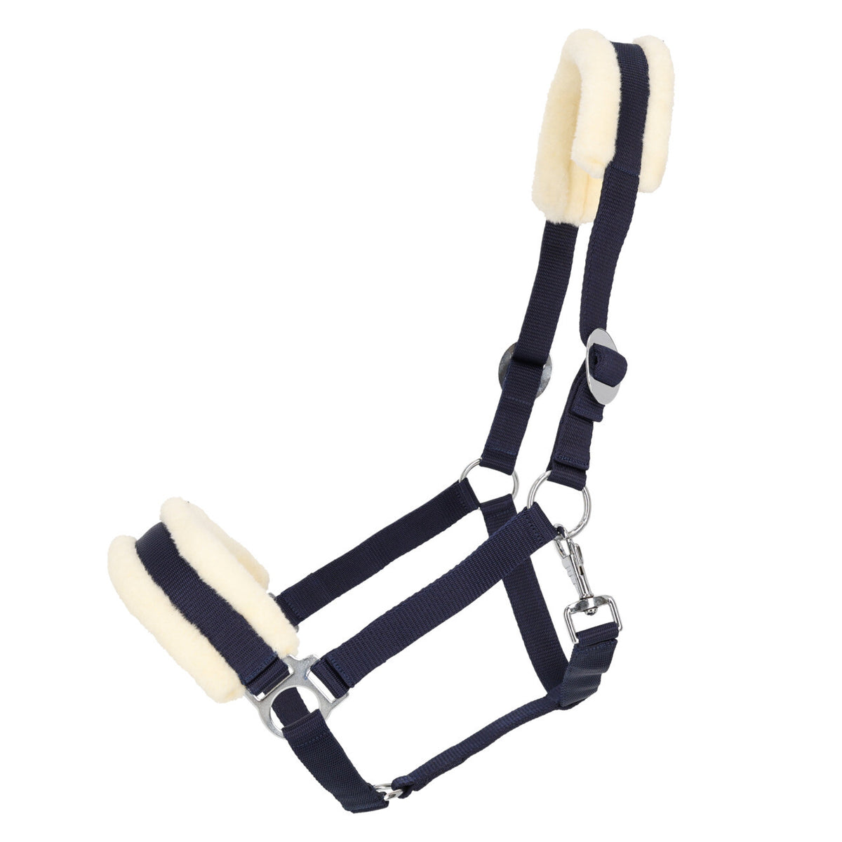 A navy blue horse halter with cream-colored fleece padding on the noseband, crownpiece, and chinstrap, featuring silver metal hardware, shown against a plain white background.