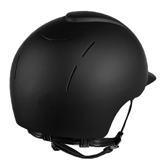 A KEP Italian black equestrian helmet with chrome grid detailing and a visor. KEP Italy helmets available with Nice Equestrian Wukair Doha Qatar. One of the top ranked helmets in the world