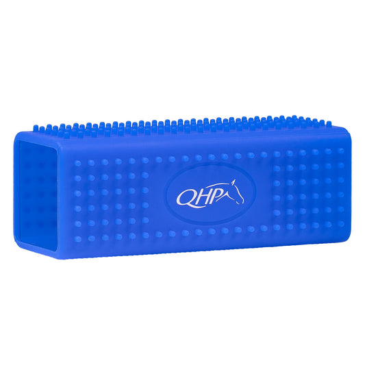 Blue rubber block with bristles and QHP logo on a white background