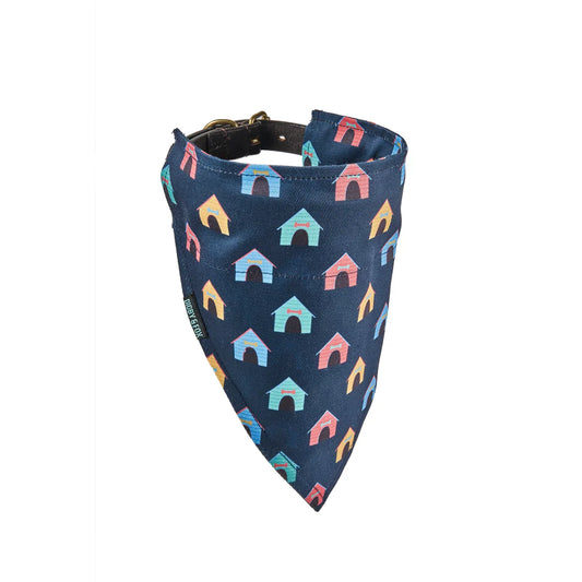 Navy blue bandana with colorful dog house pattern on a white background
This Shires Digby & Fox Bandana is perfect to add a touch of style to your dog's everyday look. Made of hardwearing woven polyester, this accessory adds durability to your pup's wardrobe. Easily slip a collar through the slot hole at the top to secure in place.

Available Nice Equestrian Wukair Doha Qatar