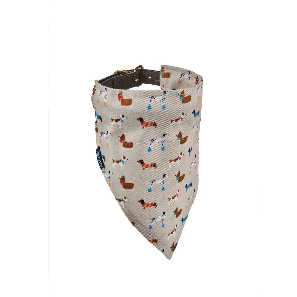 Dog bandana with small dog pattern on a beige background
This Shires Digby & Fox Bandana is perfect to add a touch of style to your dog's everyday look. Made of hardwearing woven polyester, this accessory adds durability to your pup's wardrobe. Easily slip a collar through the slot hole at the top to secure in place.

Available Nice Equestrian Wukair Doha Qatar