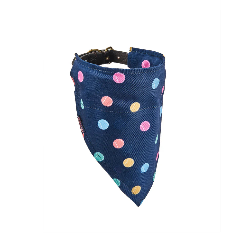 Navy blue bandana with colorful polka dots on a white background.
This Shires Digby & Fox Bandana is perfect to add a touch of style to your dog's everyday look. Made of hardwearing woven polyester, this accessory adds durability to your pup's wardrobe. Easily slip a collar through the slot hole at the top to secure in place.

Available Nice Equestrian Wukair Doha Qatar