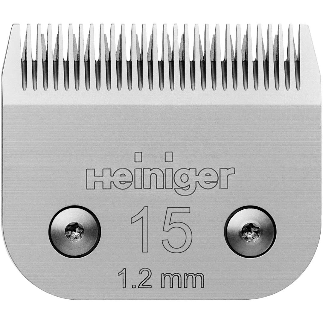 A close-up of a Heiniger Saphire Blade No. 15 (1.2mm) for pet grooming clippers. Available at Nice Equestrian Wukair Doha Qatar