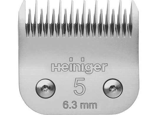 A close-up of a Heiniger Snap on Clipper Blade with the number 5 and 6.3mm indicated on it.
Available at Nice Equestrian Wukair Doha Qatar