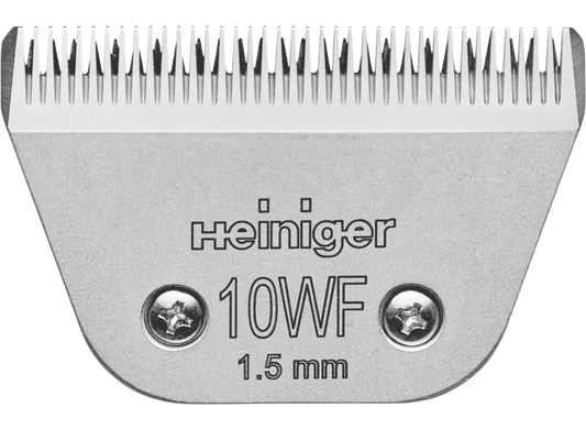 A snap-on clipper blade with the number 10WF and 1.5mm printed on it, accompanied by the Heiniger brand logo. Available in Nice Equestrian Wukair Doha Qatar.