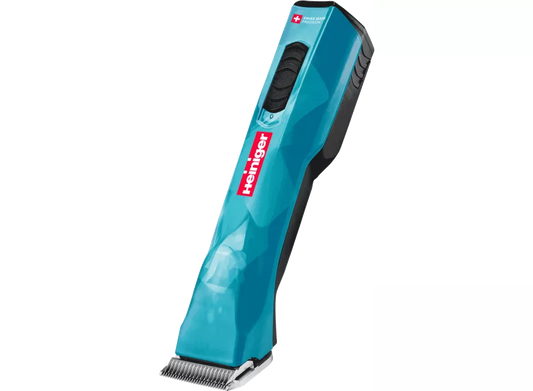 A blue Heiniger Opal small animal clipping machine with a power button and a metal blade.
Available at Nice Equestrian Wukair Doha Qatar.