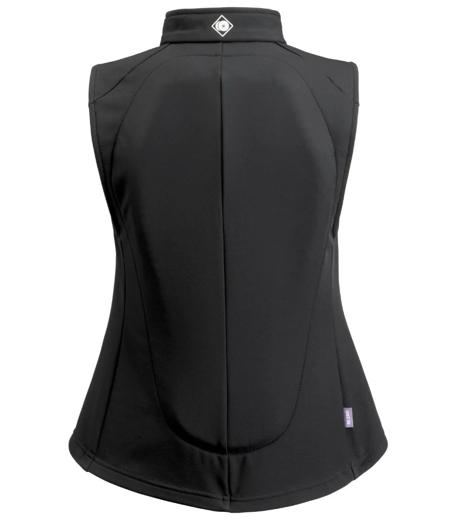 Black vest on a white background. Black vest with a brand logo on a white background. Body protector by Chares Own UK. Charles Owen England body protectors available with Nice equestrian Wukair Doha Qatar. One of the highest safeties ranked body protectors in the world.