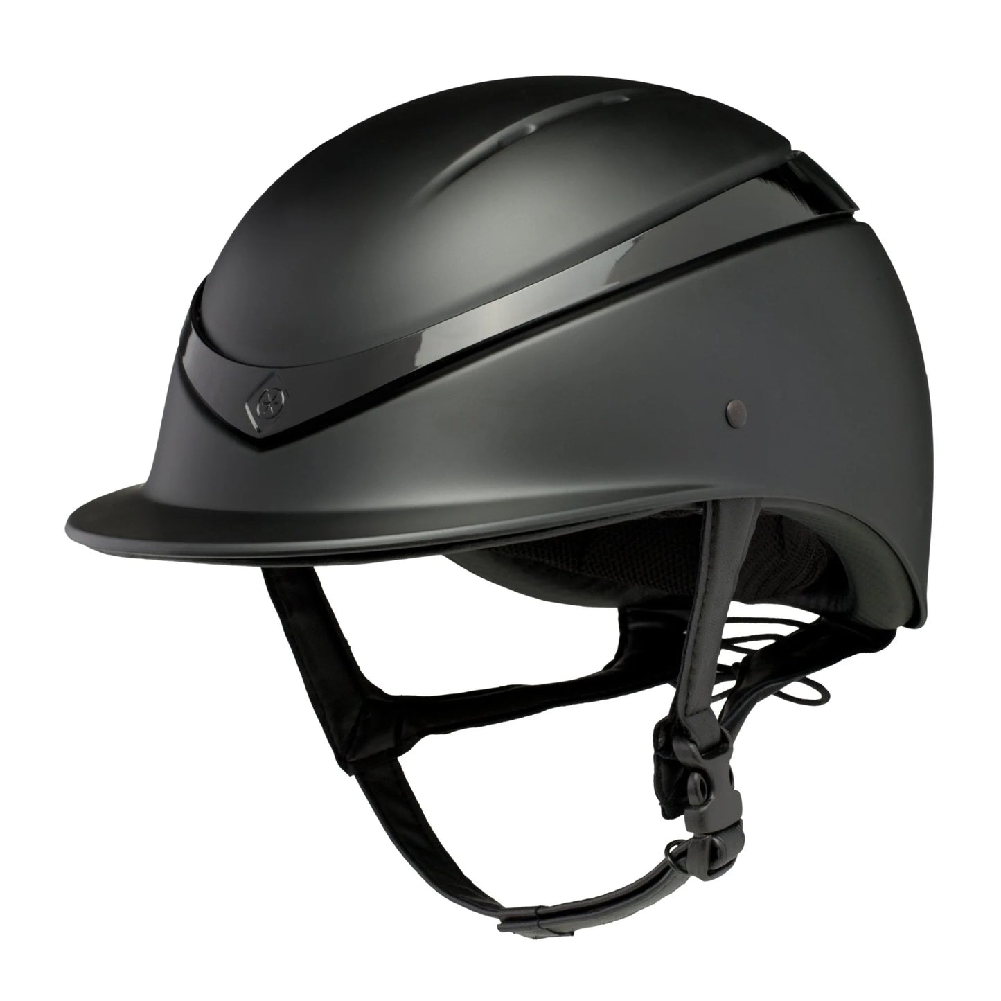 Black Luna riding helmet on a white background. Charles Owen England helmets available with Nice Equestrian Wukair Doha Qatar. One of the highest safeties ranked helmets in the world.  
