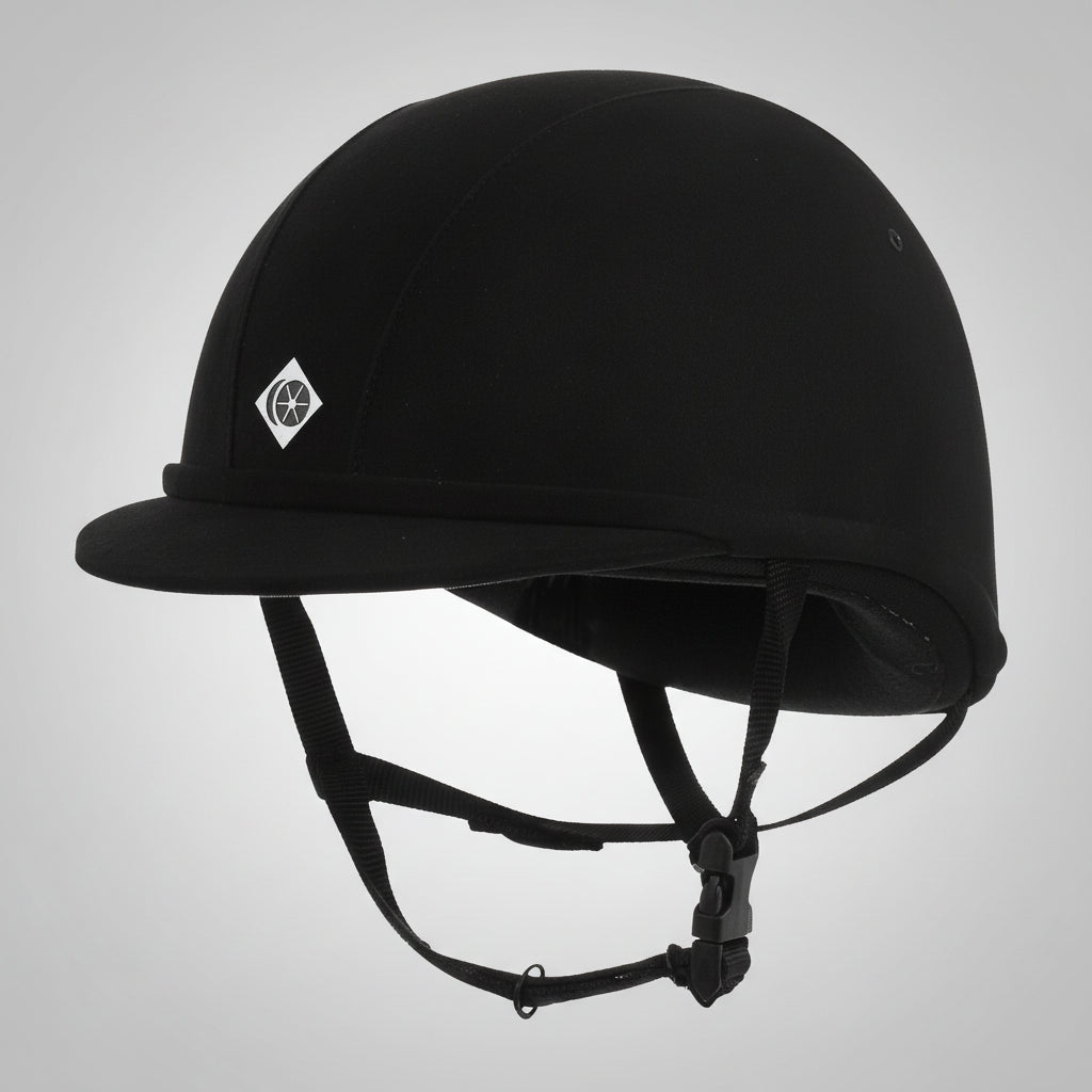 Black YR8 riding helmet with a visible brand logo on a white background. Charles Owen England helmets available with Nice Equestrian Wukair Doha Qatar. One of the highest safeties ranked helmets in the world.