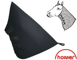 A black full neck wrap for a horse, displayed next to a stylized drawing of a horse's head.
Homer Brand. Available with Nice Equestrian Wukair Doha Qatar