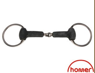 A black soft rubber horse bit with metal rings on either side, branded with 'homer'.
Homer Brand.
Available with Nice Equestrian Wukair Doha Qatar.