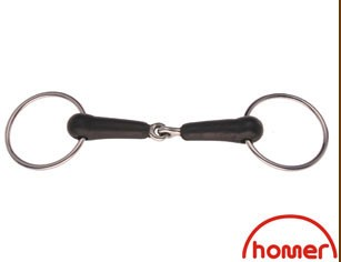 A rubber mouth snaffle bit with two metal rings connected by a rubber mouthpiece, with the brand name 'Homer' visible.
Brand Homer
Available with Nice Equestrian Wukair Doha Qatar.