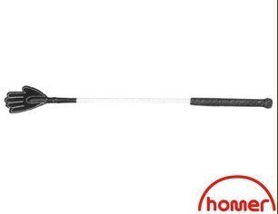 A black riding crop with a hand grip on one end and a whip-like extension on the other, with the brand name 'Homer' visible.