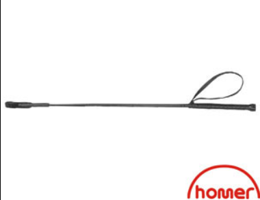 A black riding crop with a leather grip and a metal whip.