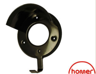 A black metal bridle holder with a hook for hanging and a circular opening in the center.