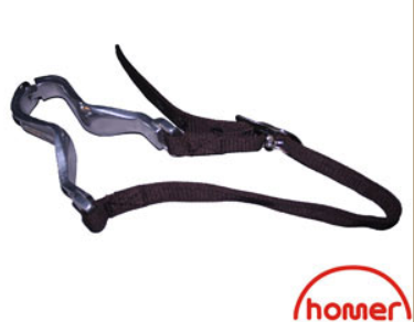 A black horse cribbing with a metal bit and straps, branded with the name 'Homer'.