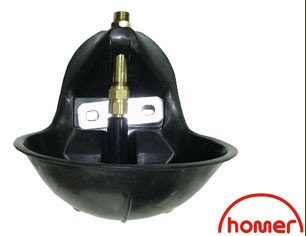 A black self-filling water trough with a gold-colored spout and a brand logo that reads 'homer'.
