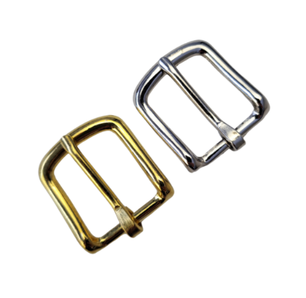 Two metal bridle buckles, one in gold color and the other in silver color, isolated on a white background.