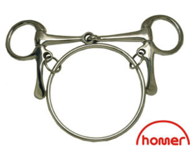 A silver-colored half spoon dexter ring bit used for horse tack, with a brand logo visible in the image.