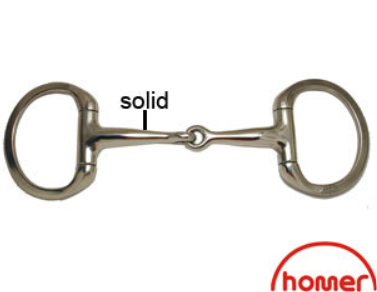 An image of a solid mouth egg butt flat ring bit, primarily used for horse riding, with a metal construction.