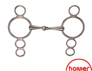 A silver-colored show jumping hollow bit with multiple rings attached to it.