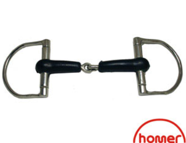 A metal horse bit with soft rubber covering on the mouth piece.