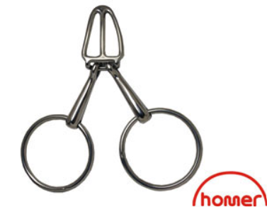 A metal tongue control bit used for horse riding, with two rings connected by a mouthpiece.