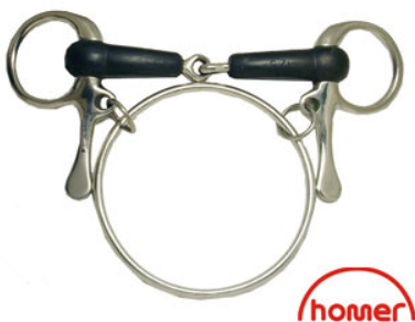 A metal half spoon dexter ring bit with a black leather loop and a round silver ring connected by two metal chains.