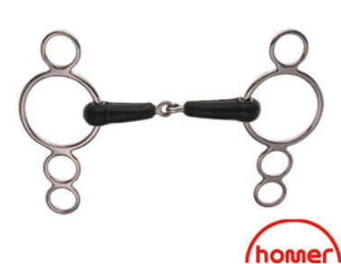 A rubber mouth bit with metal rings used for show jumping.